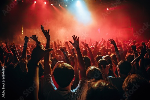 crowd at a music festival, hands raised up in front of the stage, Crowd cheering at a live music concert and raising hands up, AI Generated