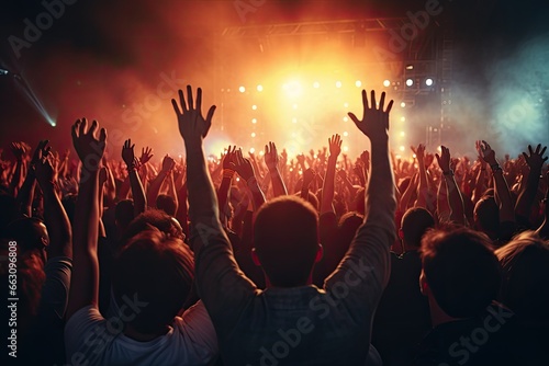 Crowd cheering at a live music concert on stage with hands raised, Crowd cheering at a live music concert and raising hands up, AI Generated