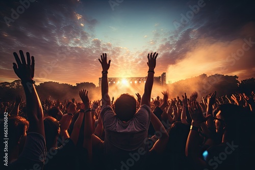 Concert crowd in front of a bright stage at a music festival, Crowd raising hand in the air and enjoying concert on a festival, AI Generated © Iftikhar alam