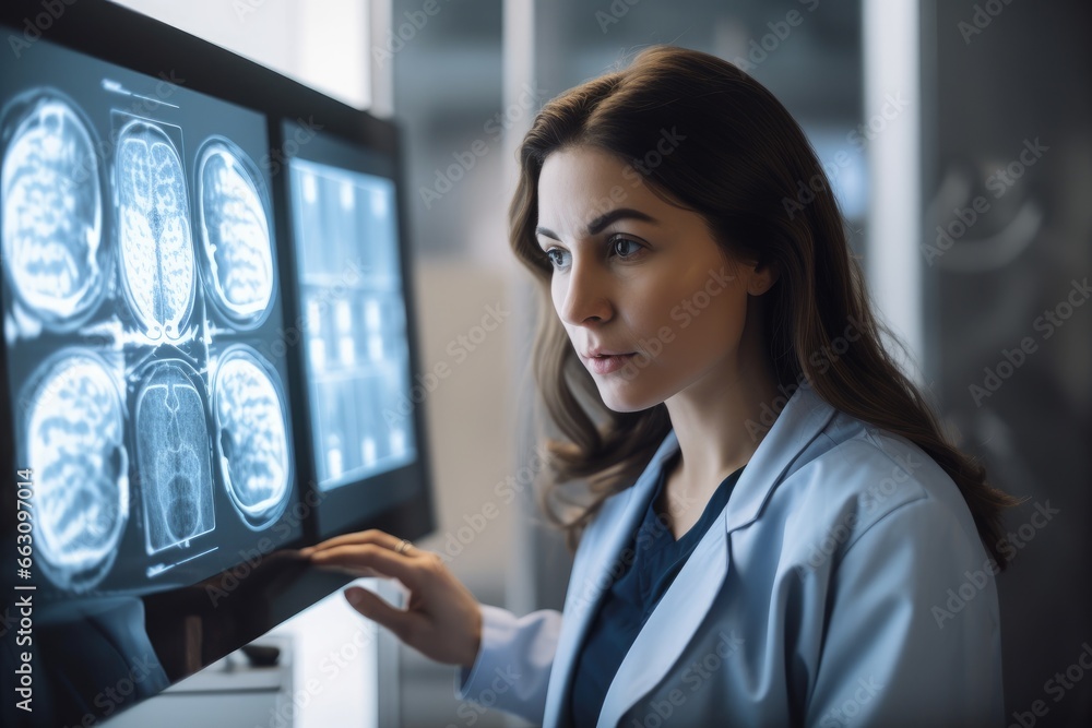 beautiful radiologist looking at an x-ray of lungs in clinic, A female ...