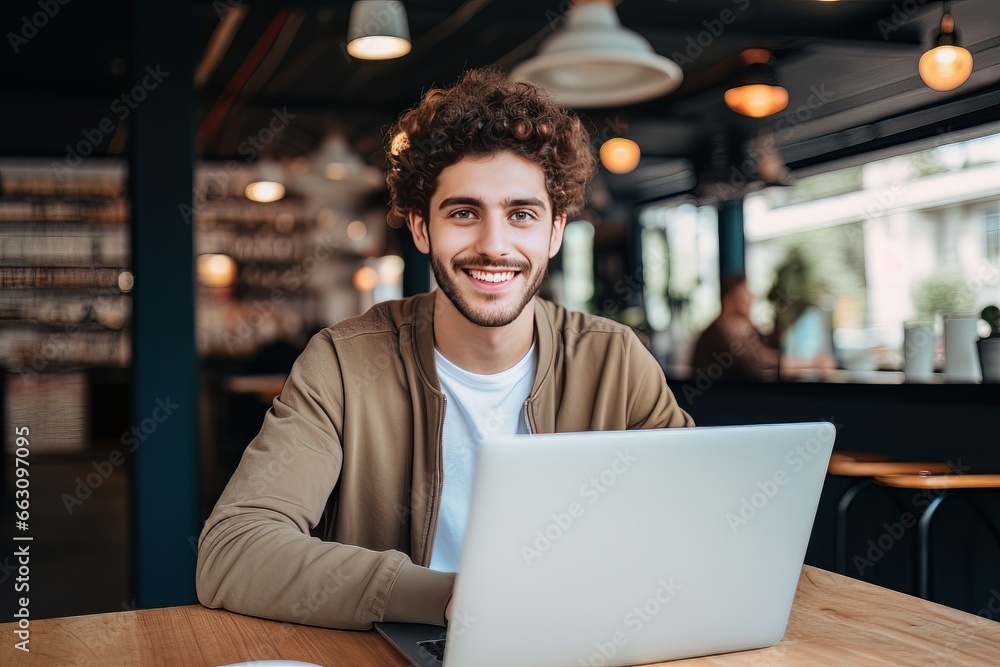 Portrait of Cheerful Male Student Learning Online in Coffee Shop, Young European Man Studies with Laptop in Cafe, Doing Homework Portrait of Cheerful Male Student Learning Online in Coffee Shop, Young European Man Studies with Laptop in Cafe, Doing Homework