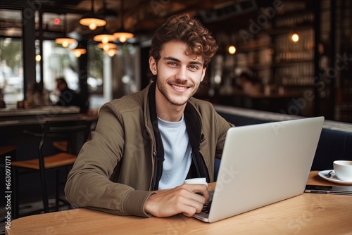 Portrait of Cheerful Male Student Learning Online in Coffee Shop, Young European Man Studies with Laptop in Cafe, Doing Homework