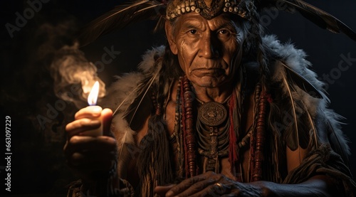 A solitary figure adorned in a majestic feather headdress illuminates the darkness with a single candle, evoking a sense of mystery and primal energy