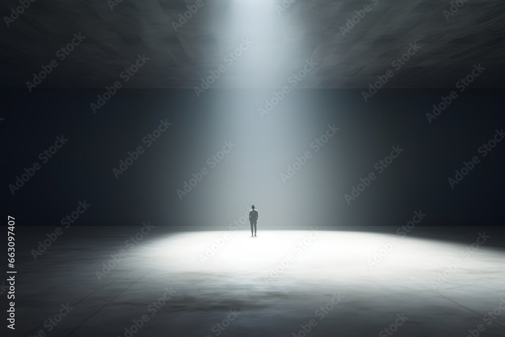 Crisis Problem Concept. Man standing in a white empty hall. Lack of Perspective Concept. Out of Ideas. Business Depression Lost. Crisis Problem Concept. Man standing in a white empty hall. Lack of Perspective Concept. Out of Ideas. Business Depression Lost.