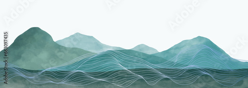 Mountain landscape watercolor painting illustration with line art pattern. Abstract contemporary aesthetic backgrounds landscapes. mountains, hills and skyline