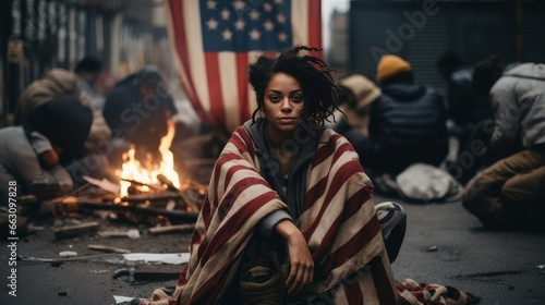 A girl is sitting on the ground among the city streets next to the US flag, surrounded by other people. photo