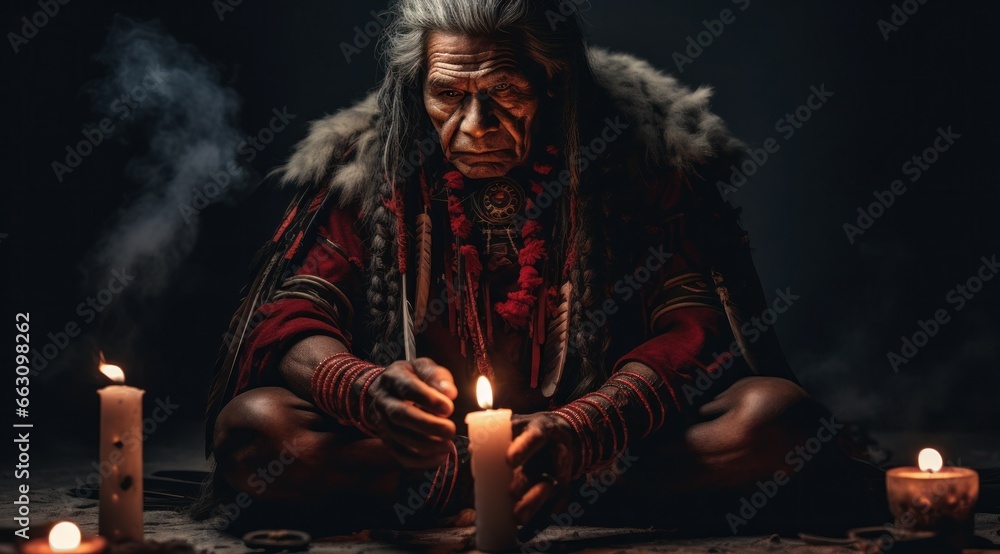 Fototapeta premium The flickering flame of a lone candle illuminates the somber figure cloaked in fabric, igniting a sense of mystery and introspection
