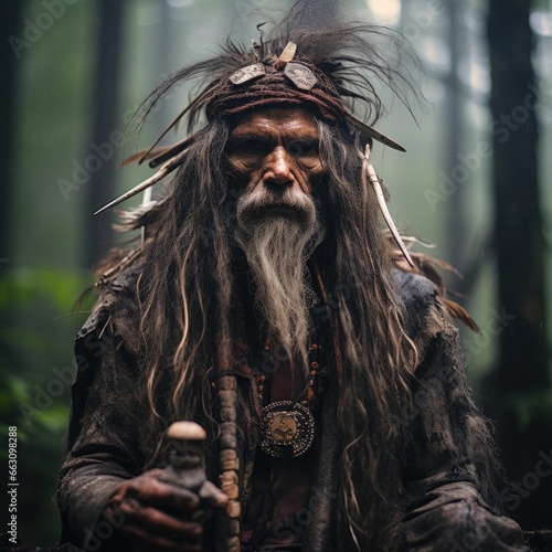 A rugged man with untamed locks and a bushy beard stands alone in the depths of a mystical forest, his wild spirit echoing through the ancient trees