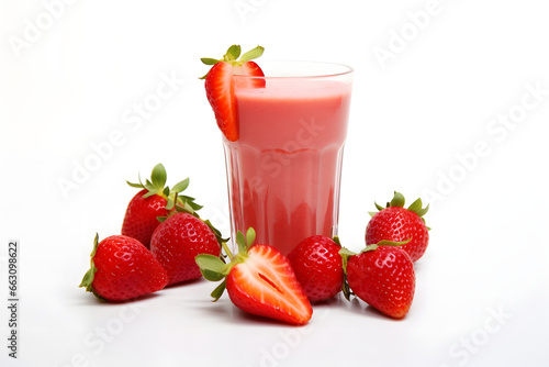 Isolated Glass of Strawberry Juice and Strawberries Empty White Background. Fresh organic Fruit. Restaurant Breakfast Menu Drink 