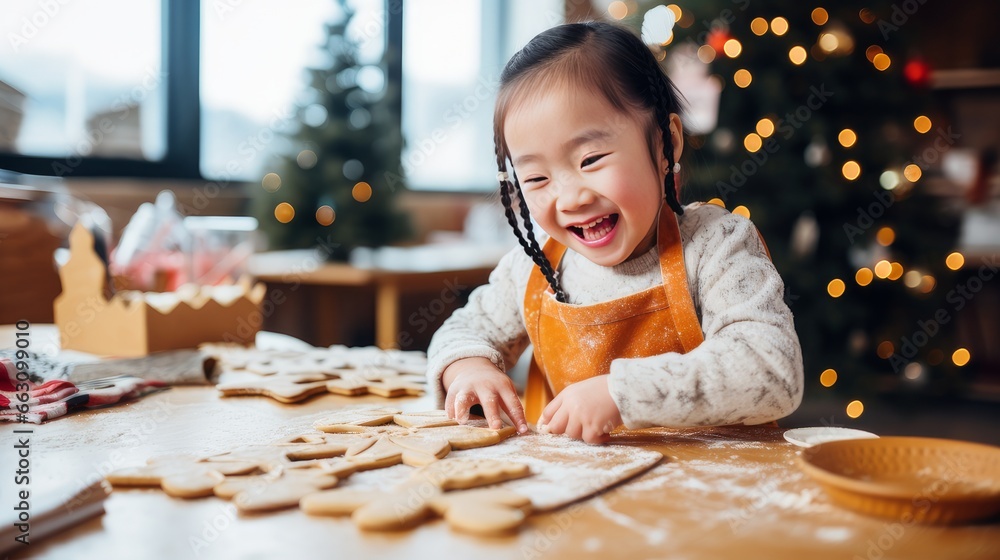Smiling asian child with down syndrome decorates christmas cookies. Merry Christmas and Happy New Year concept. - obrazy, fototapety, plakaty 