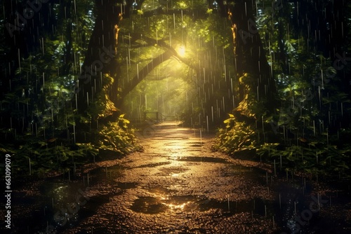 A raindrop-covered forest path at night with sunlight filtering through trees onto the ground. Generative AI photo