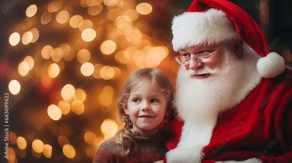 A child in the arms of Santa Claus near the Christmas tree A child in the arms of Santa Claus near the Christmas tree