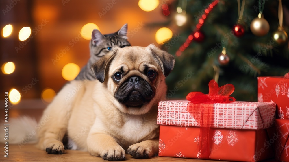 Cute cat and dog near the Christmas tree and gifts. Merry Christmas and Happy New Year concept. Cute cat and dog near the Christmas tree and gifts. Merry Christmas and Happy New Year concept.