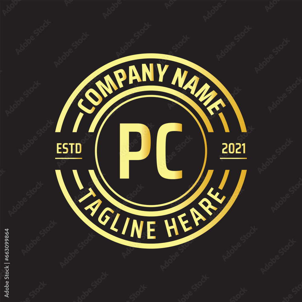 Professional simple Letter PC Circle Luxury Gold Color Vector Logo Template