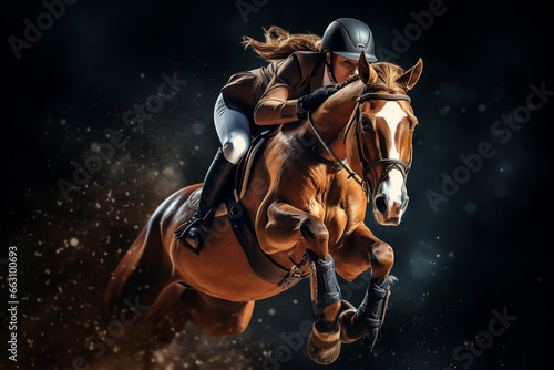 Chestnut horse and female rider jumping over rail in night © alisaaa