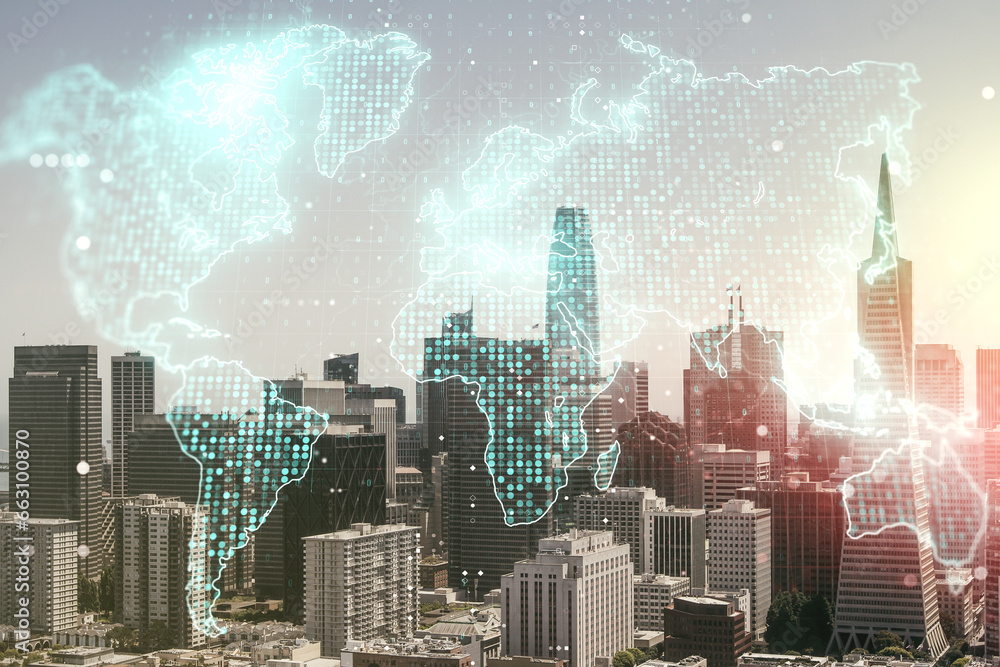 Multi exposure of abstract graphic world map hologram on San Francisco office buildings background, connection and communication concept