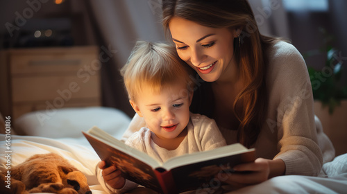 Mother sits on a cozy bed eading a book with her child at home