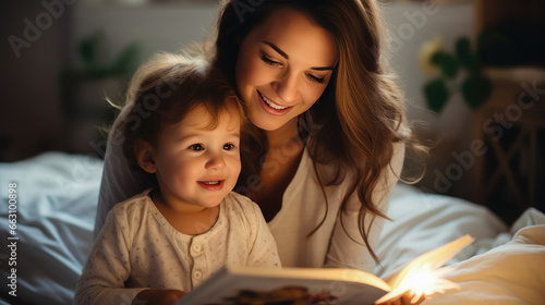 Mother sits on a cozy bed eading a book with her child at home