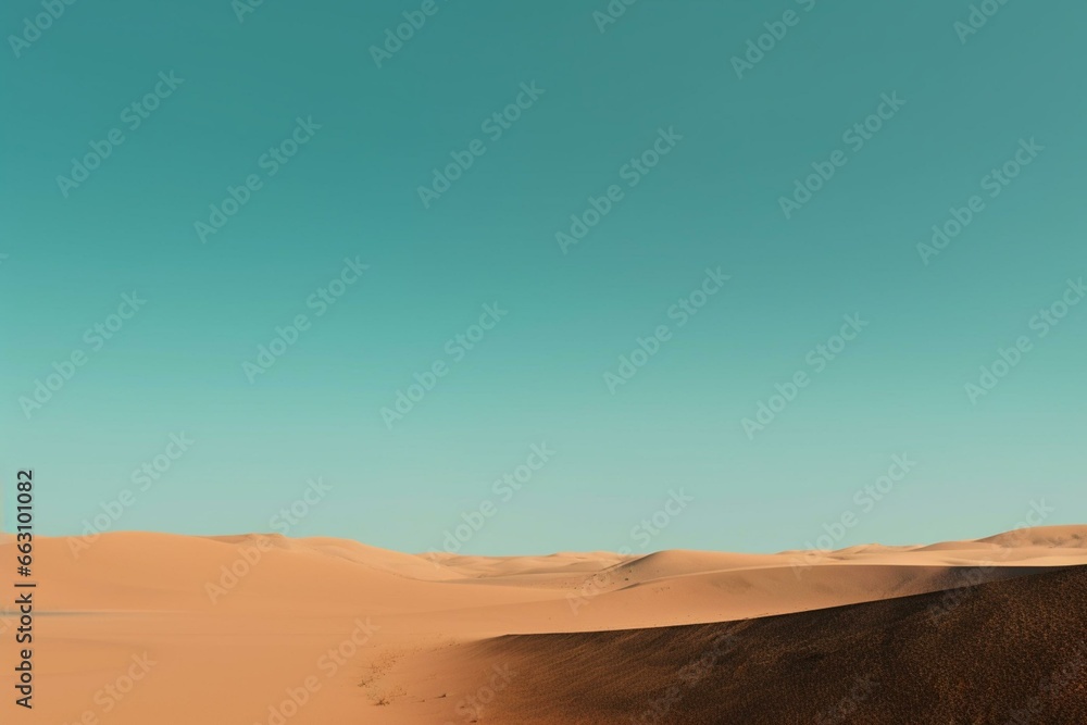 Minimal desert landscape with blue sky, sandy ground, and orange-tinged brown hues. Generative AI