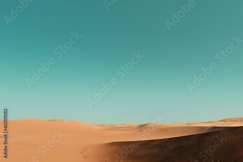 Minimal desert landscape with blue sky, sandy ground, and orange-tinged brown hues. Generative AI © Esme