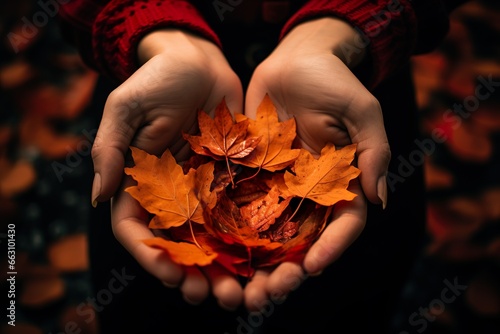close up of a girl hands holding fall autumn golden maple leafs 
