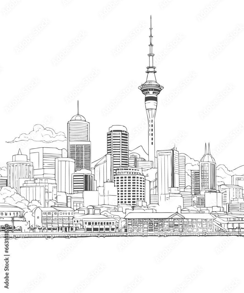 Auckland New Zealand cityscape black and white coloring page book for adults. Seafront megapolis skyline, buildings, street, landmarks vector outline sketch for anti stress