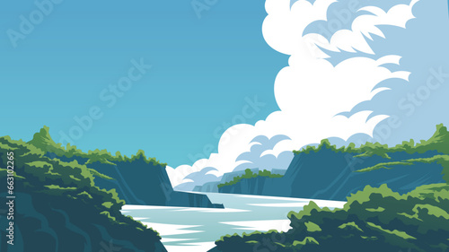 Island in the sea, With a landscape of golden sky, clouds and mountains.