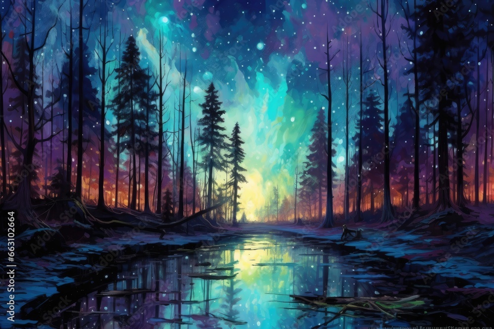 Winter evening radiating forest with starry night sky