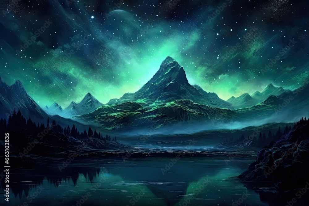 aurora borealis shining green over snowy mountains