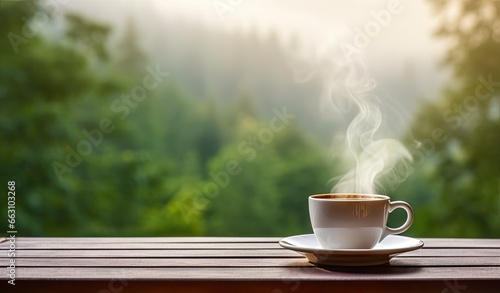 Morning brew in garden. Perfect start to day. Cup of serenity. Morning coffee in natural. Fresh aromatic espresso amidst woodland beauty. Wooden table and nature ambience