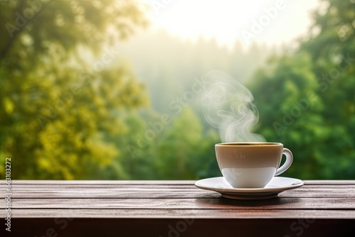 Morning brew in garden. Perfect start to day. Cup of serenity. Morning coffee in natural. Fresh aromatic espresso amidst woodland beauty. Wooden table and nature ambience