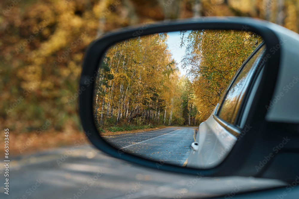 car mirror reflection, Autumn landscape, road in autumn forest