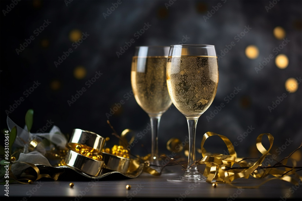 Champagne glasses with golden confetti for New Year's eve celebration
