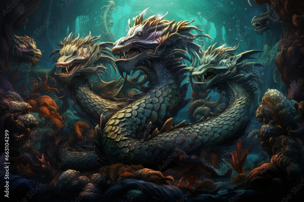 Ancient sea serpents, guardians of hidden treasures beneath the ocean depths - Generative AI Ancient sea serpents, guardians of hidden treasures beneath the ocean depths - Generative AI