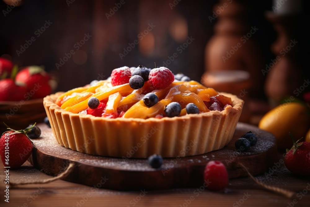 closeup of a delicious pie with black and red berries on wooden table 