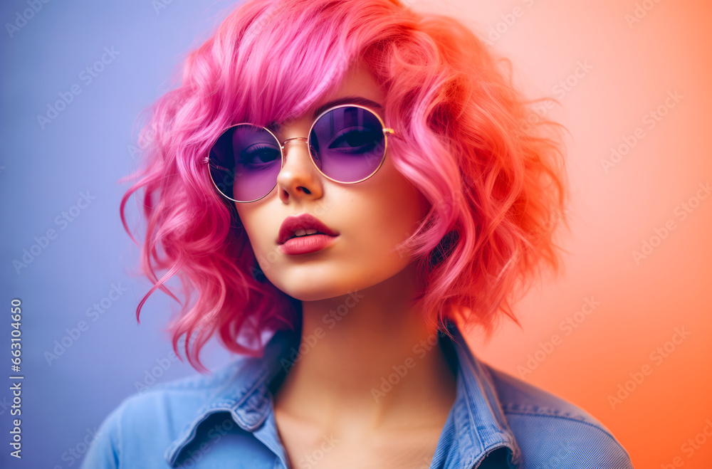 Young lo fi woman with vibrant pink curly hair wearing retro clothes Young lo fi woman with vibrant pink curly hair wearing retro clothes