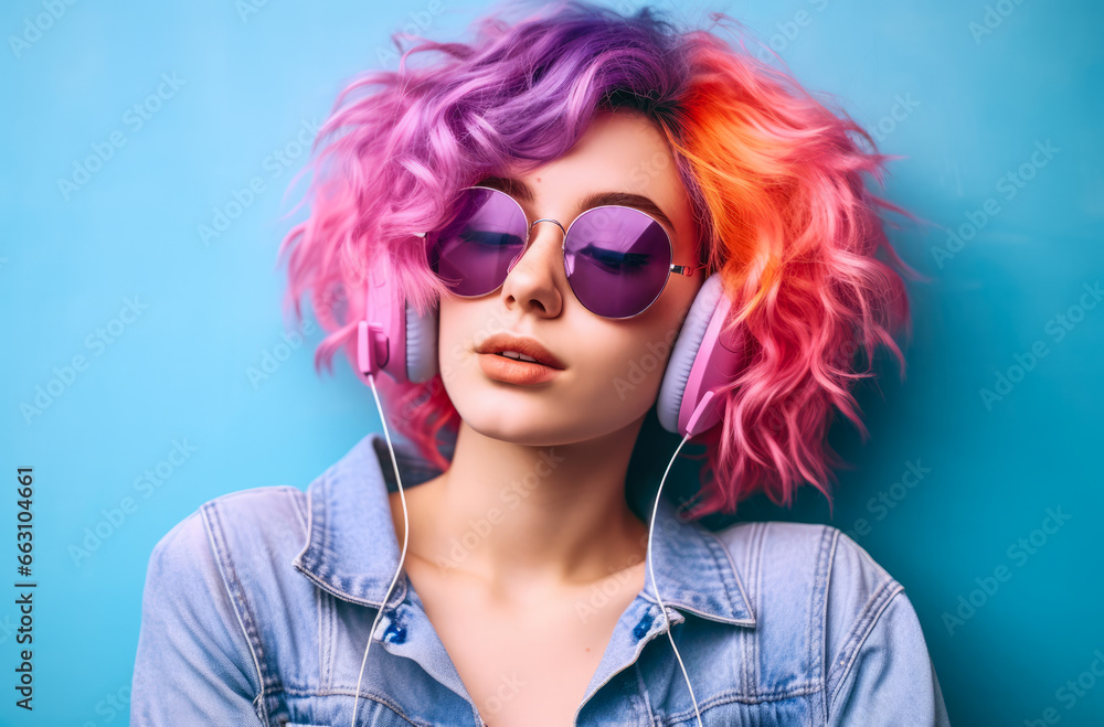 Young lo fi woman with vibrant pink curly hair wearing retro clothes
