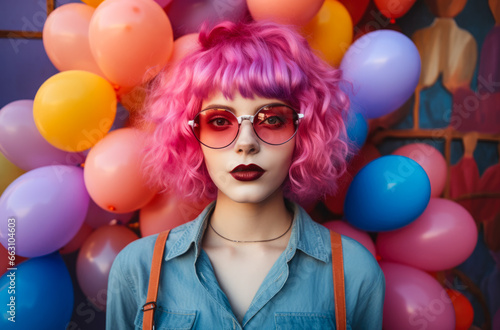 Young lo fi woman with vibrant pink curly hair wearing retro clothes