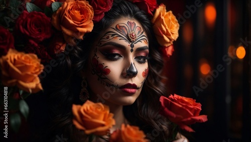 Festive Mexican Heritage  Woman with Colorful Face Tattoos for Dia de los Muertos  La Calavera Catrina  Mexico. Day of the dead. Folklore  tradition beautiful face make up