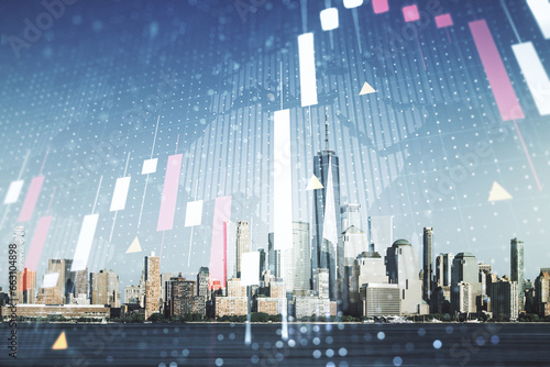 Abstract creative financial graph and world map on New York cityscape background, financial and trading concept. Multiexposure