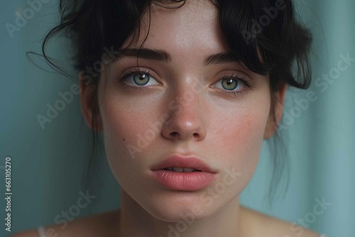 Portrait of brunette young woman with sad green eyes photo