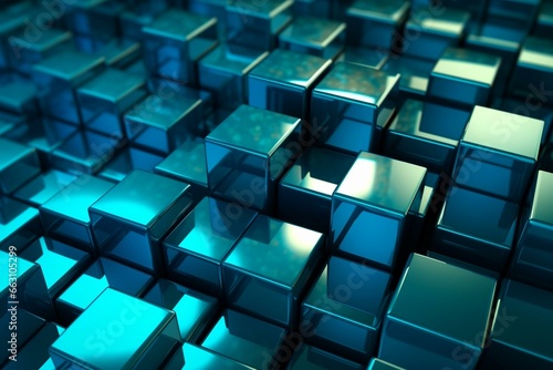 Modern cubes in teal and blue, with a glossy finish, form a tech wallpaper. Created using 3D rendering. Generative AI