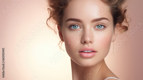 Close-up of a model with flawless and radiant skin,  showcasing a natural beauty.