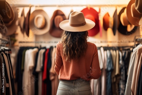 Beautiful young woman in hat looking at the clothing in the store. Young girl stands in a room with a large wardrobe. Shopping concept.