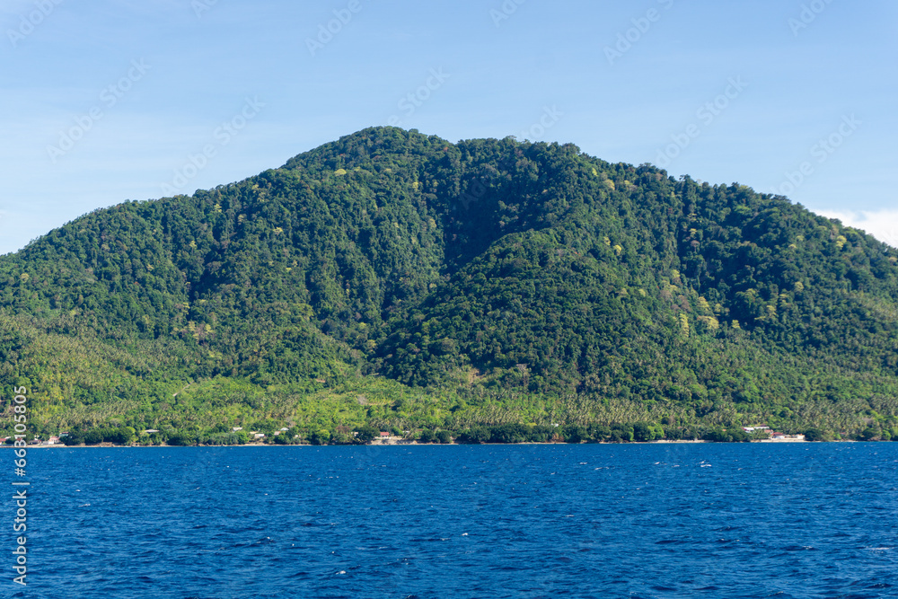 Popular tourist destination in Aceh, Indonesia. View of Sabang island from the boat.