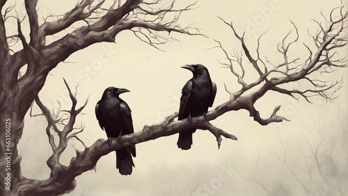 Fotografija Two black crows sitting on a branch.