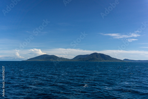 Popular tourist destination in Aceh, Indonesia. View of Sabang island from the boat.