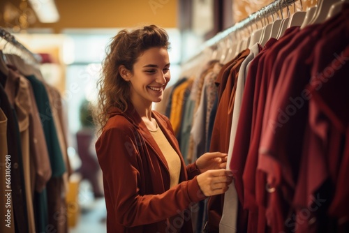 Beautiful young woman looking at the clothing in the store. Young girl stands in a room with a large wardrobe. Shopping concept.