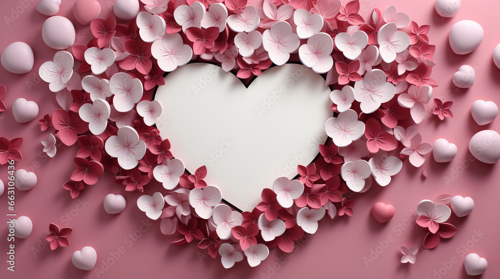 Obraz premium Valentines day greeting card or festive wallpaper. Abstract background of hearts with flowers in pink colors. Valentines Day heart pattern background with place for your text. Illustration for design.