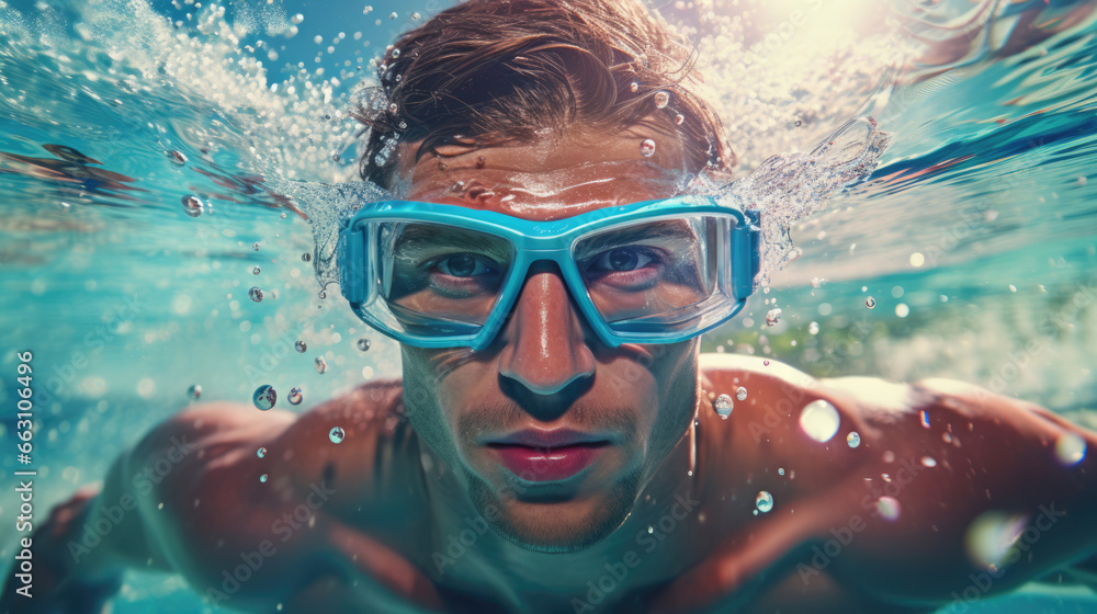 Naklejka premium Headshot of a swimmer with goggles, diving into a world of aquatic possibilities